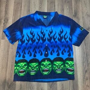 Vintage 2002 The Incredible Hulk Marvel Flames Button Up Shirt
